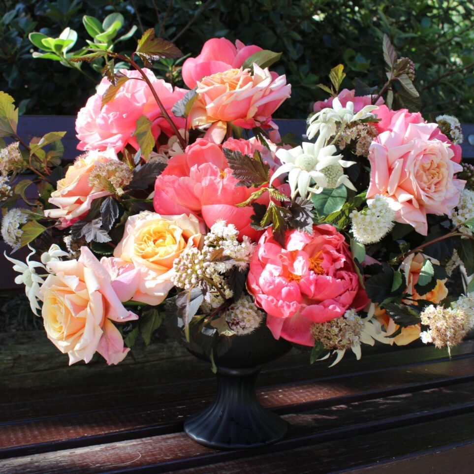Coral peony and peach rose bouquet with burgundy fillers