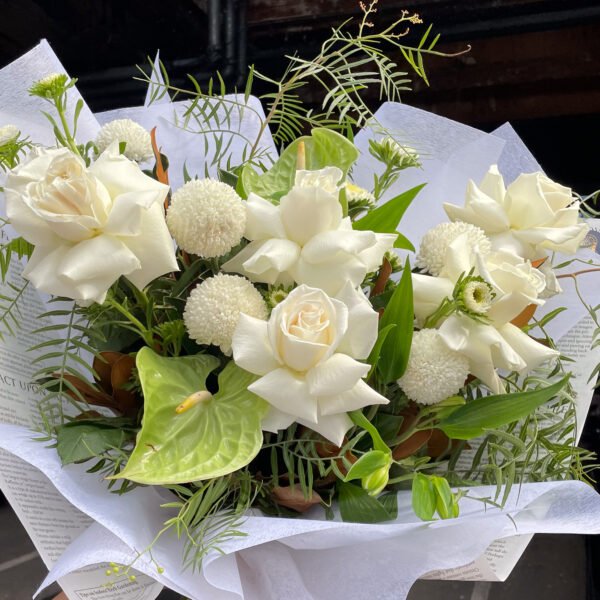 White and green seasonal bouquet, handcrafted by a local Strathfield and Burwood florist
