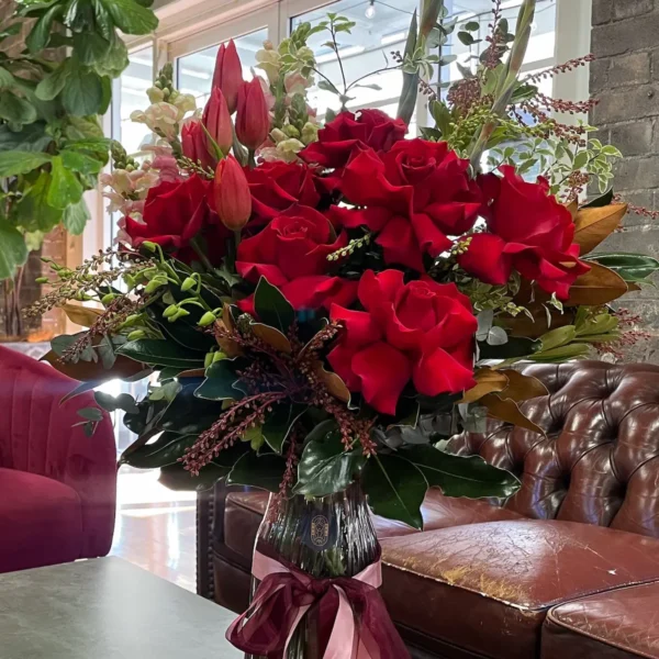 Florist’s choice red flower bouquet, perfect for Valentine’s Day, handcrafted by a North Strathfield florist for local deliveries.