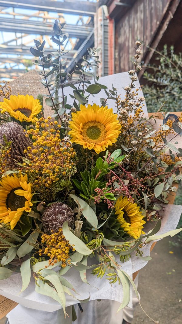 Sunflowers mixed natives bouquet with seasonal Australian flowers, handcrafted by local florist