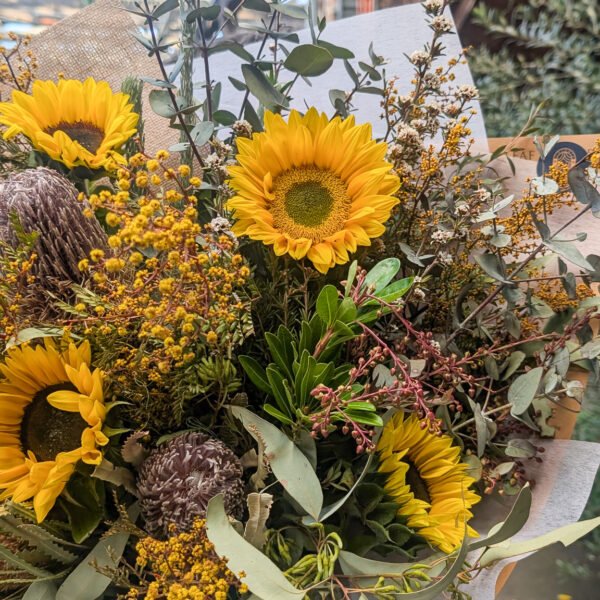 Sunflowers mixed natives bouquet with seasonal Australian flowers, handcrafted by local florist