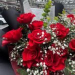 Red rose bouquet with baby’s breath and eucalyptus foliage