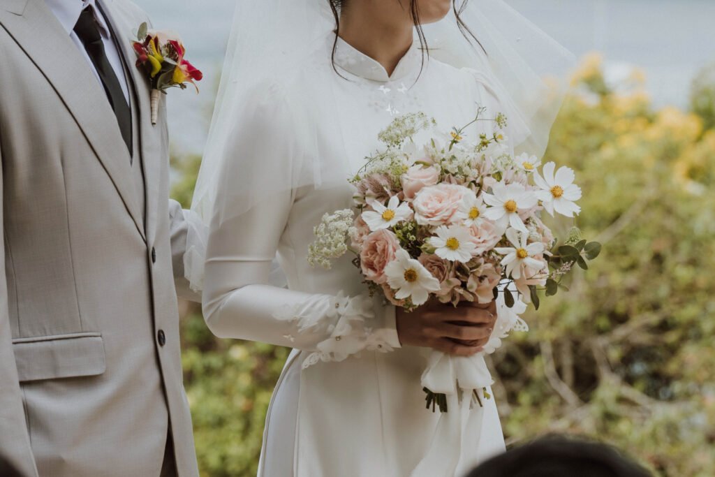Timeless romantic bridal bouquet with soft blush and white fresh flowers for a Sydney garden-inspired wedding